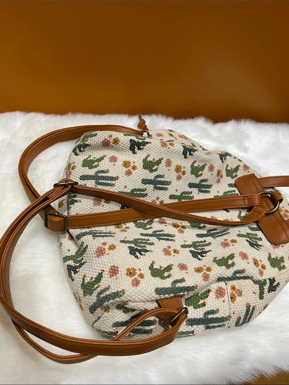 Cactus Print Woven Cotton-blend Mini Backpack - Tan Trim